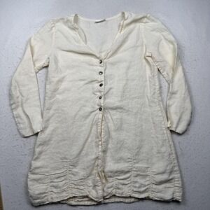 Homefrocks Shirt Dress Womens Large White Linen Button Front V-Neck Long Sleeve